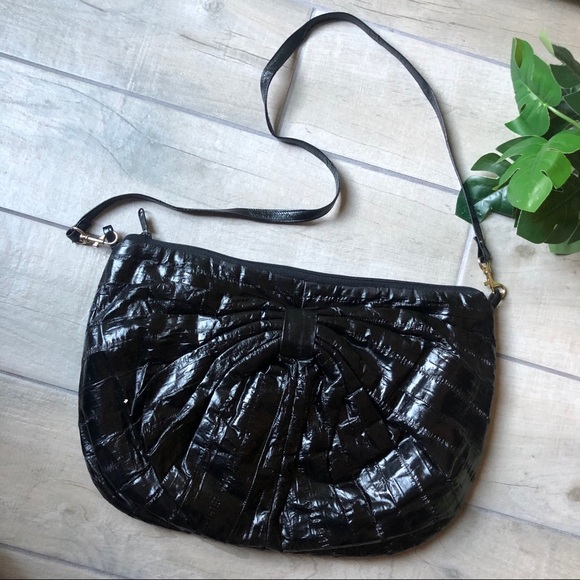 Vintage genuine eel skin shoulder bag purse with bow detail in black. - Picture 5 of 8